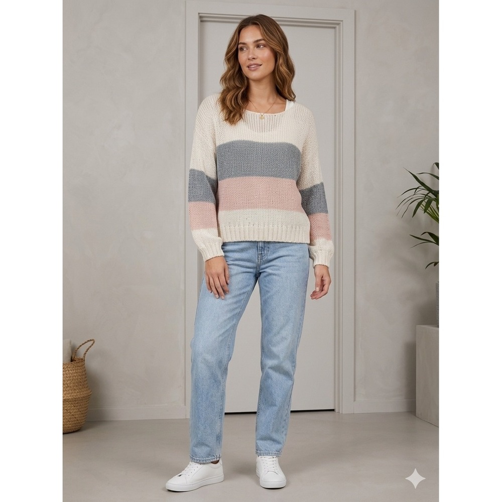 Blu Pepper Striped Knit Sweater Cream Grey Pink Colorblock Pullover M